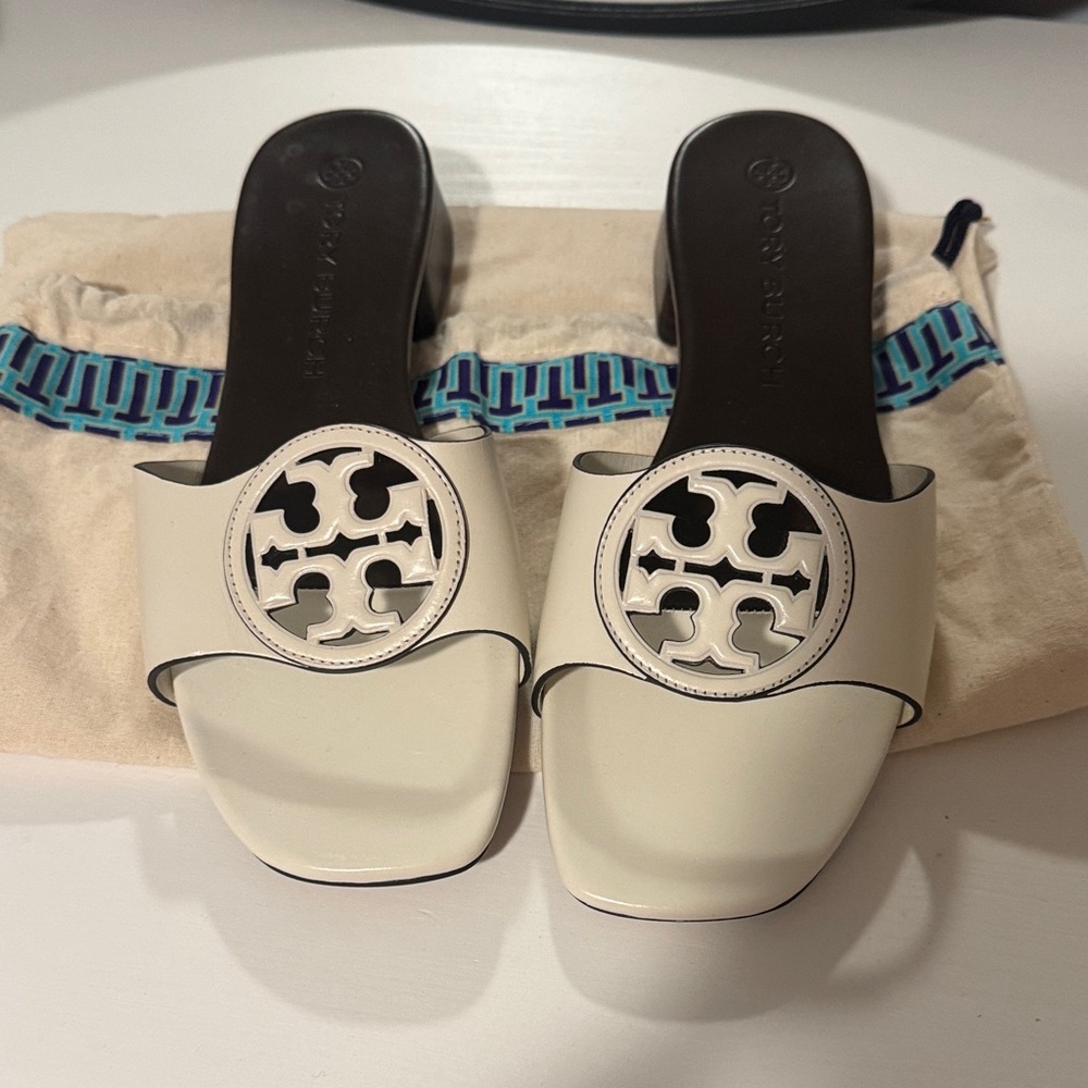Tory Burch White Mules with Logo Detail